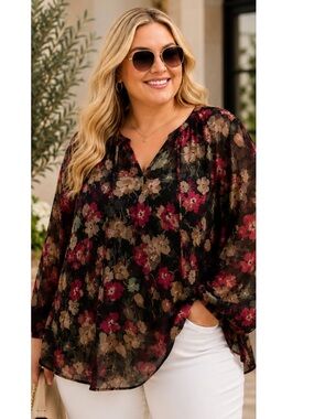 Lauren Ralph Lauren Sheer Floral V-Neck Blouse in Black, Burgundy and Tan
